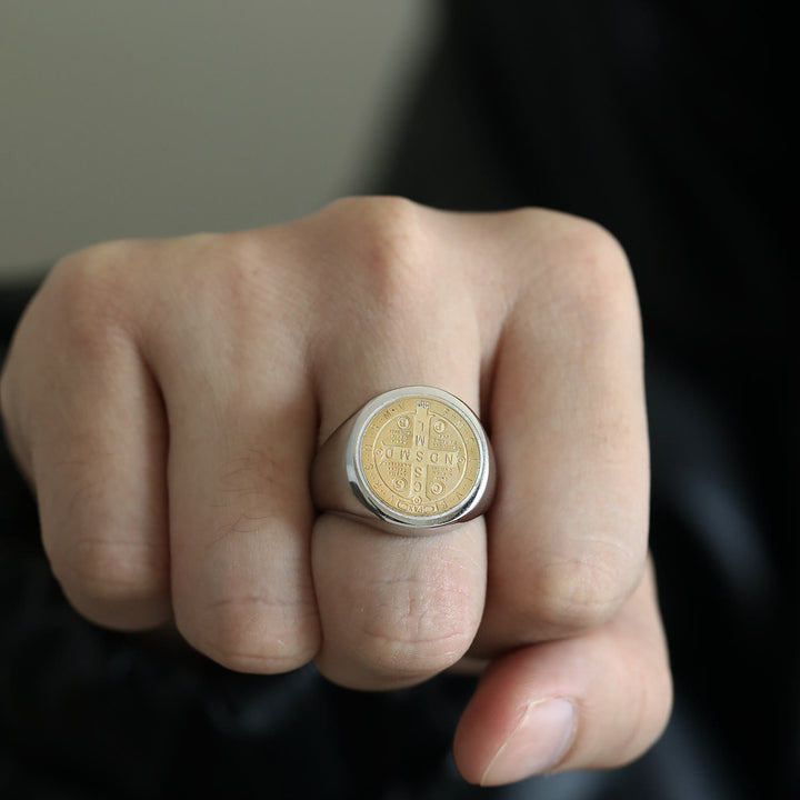 Christianartworkshop 8 Styles Retro Classic St. Benedict Symbol Engraved Protection Ring - Silver-gold-1 - US14 - image 6