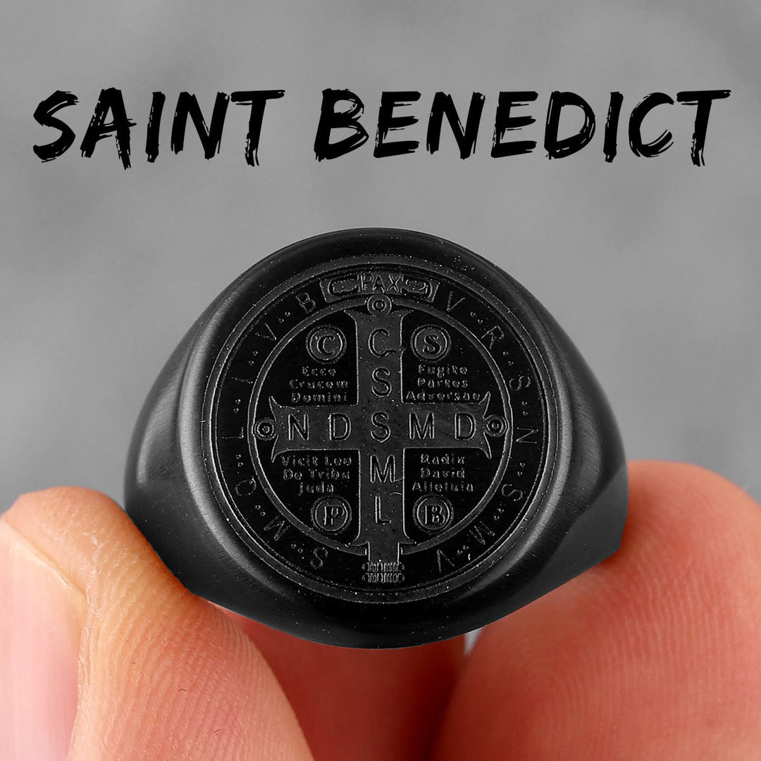 Christianartworkshop 8 Styles Retro Classic St. Benedict Symbol Engraved Protection Ring - Black - US14 - image 5
