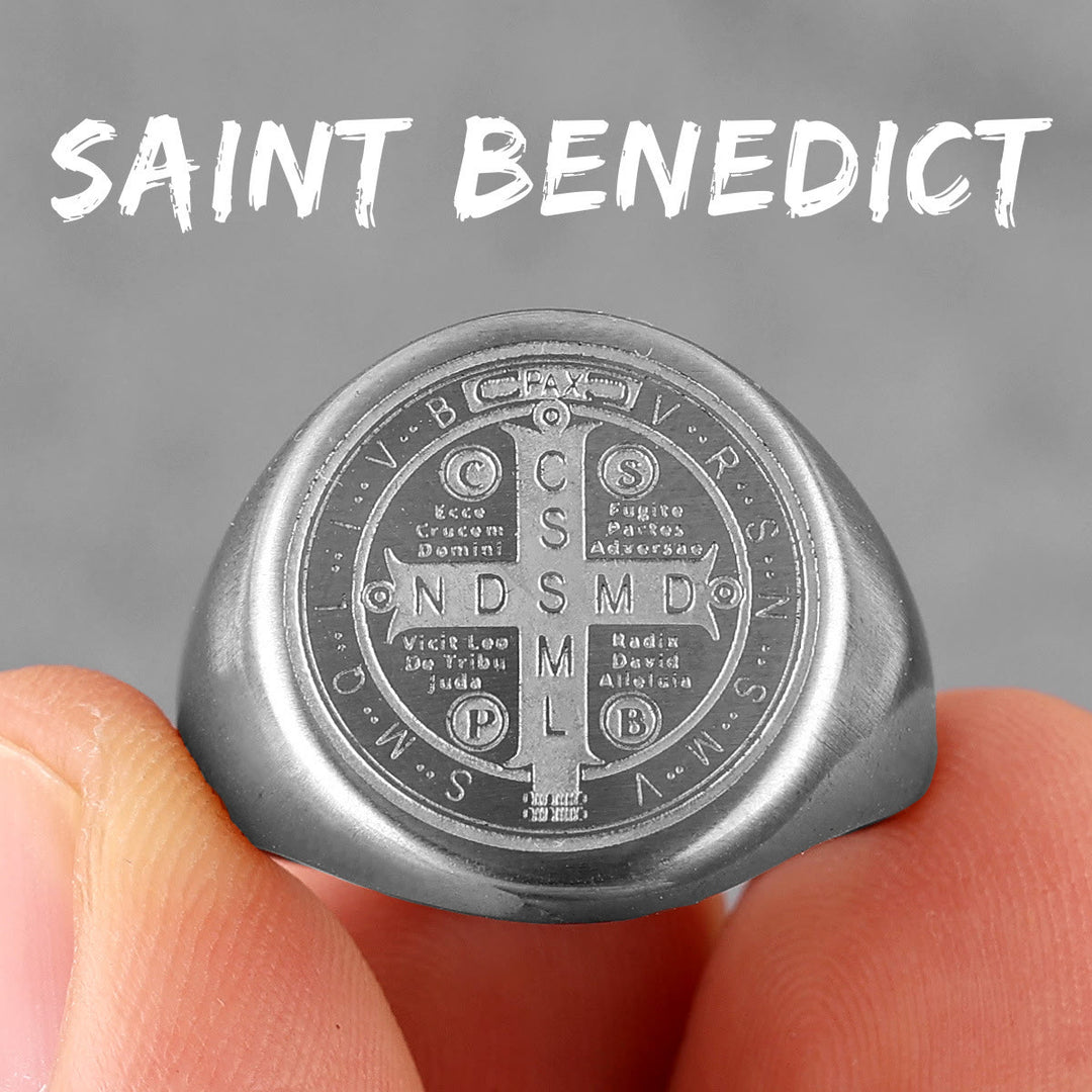 Christianartworkshop 8 Styles Retro Classic St. Benedict Symbol Engraved Protection Ring - Silver - US14 - image 2