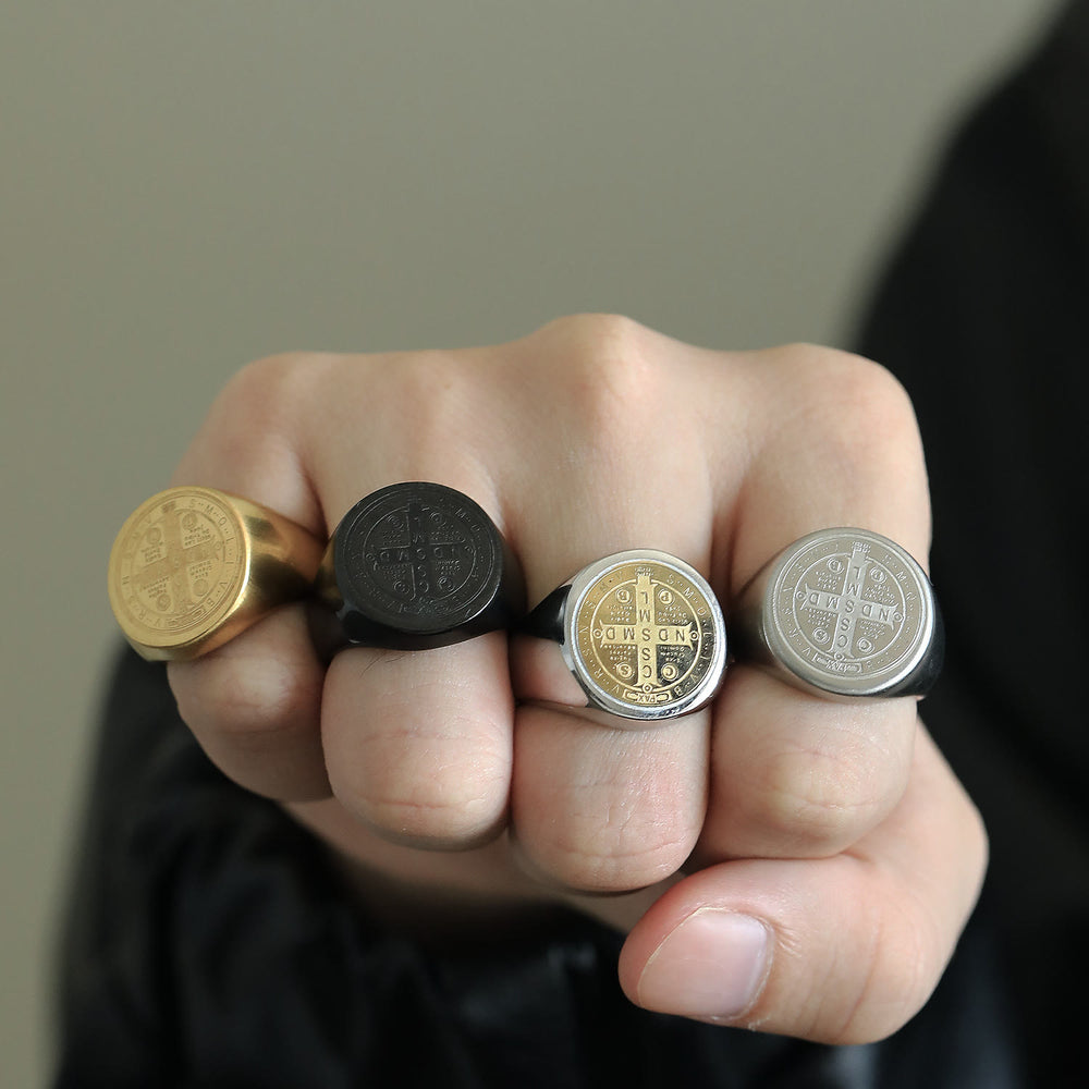 Christianartworkshop 8 Styles Retro Classic St. Benedict Symbol Engraved Protection Ring - image 2