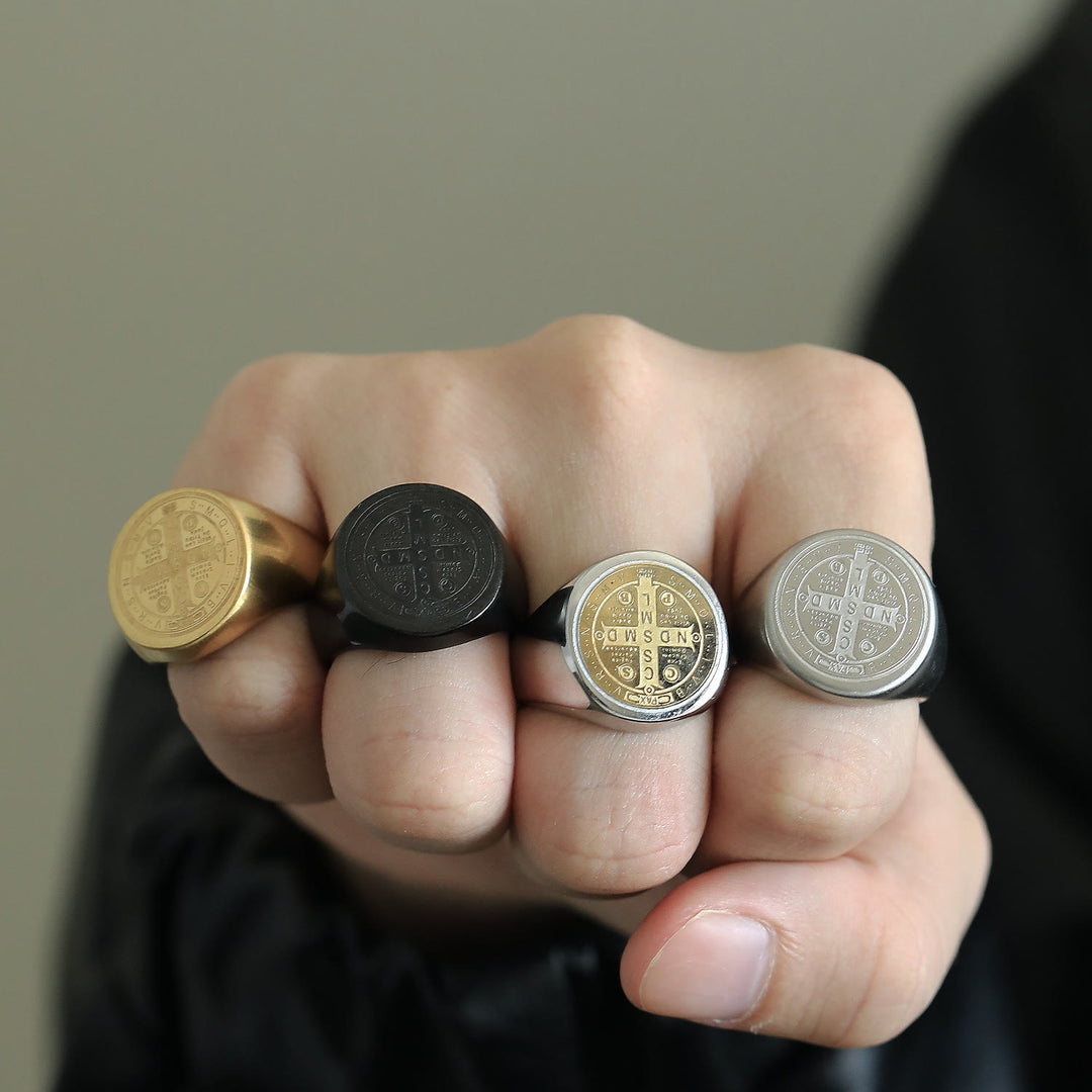 Christianartworkshop 8 Styles Retro Classic St. Benedict Symbol Engraved Protection Ring - image 2