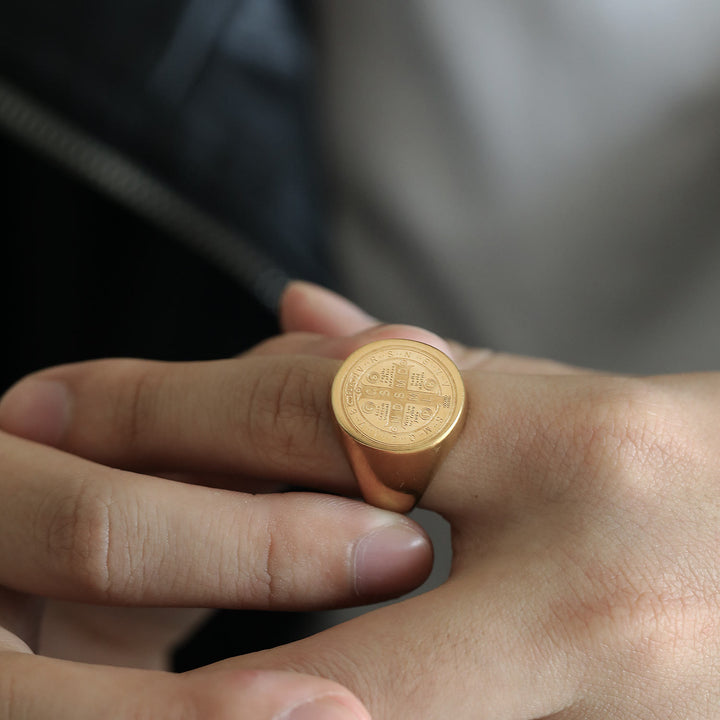 Christianartworkshop 8 Styles Retro Classic St. Benedict Symbol Engraved Protection Ring - image 20