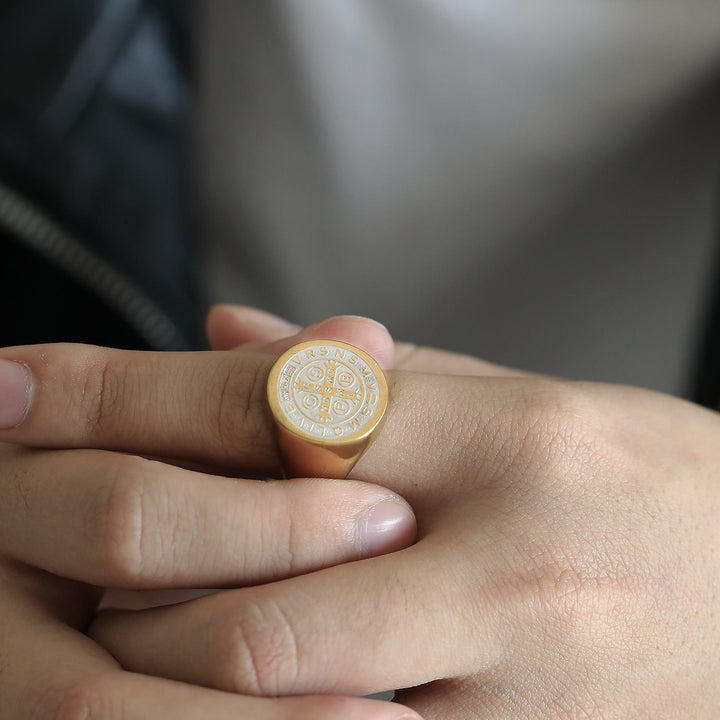 Christianartworkshop 8 Styles Retro Classic St. Benedict Symbol Engraved Protection Ring - Golden-1 - US10 - image 9