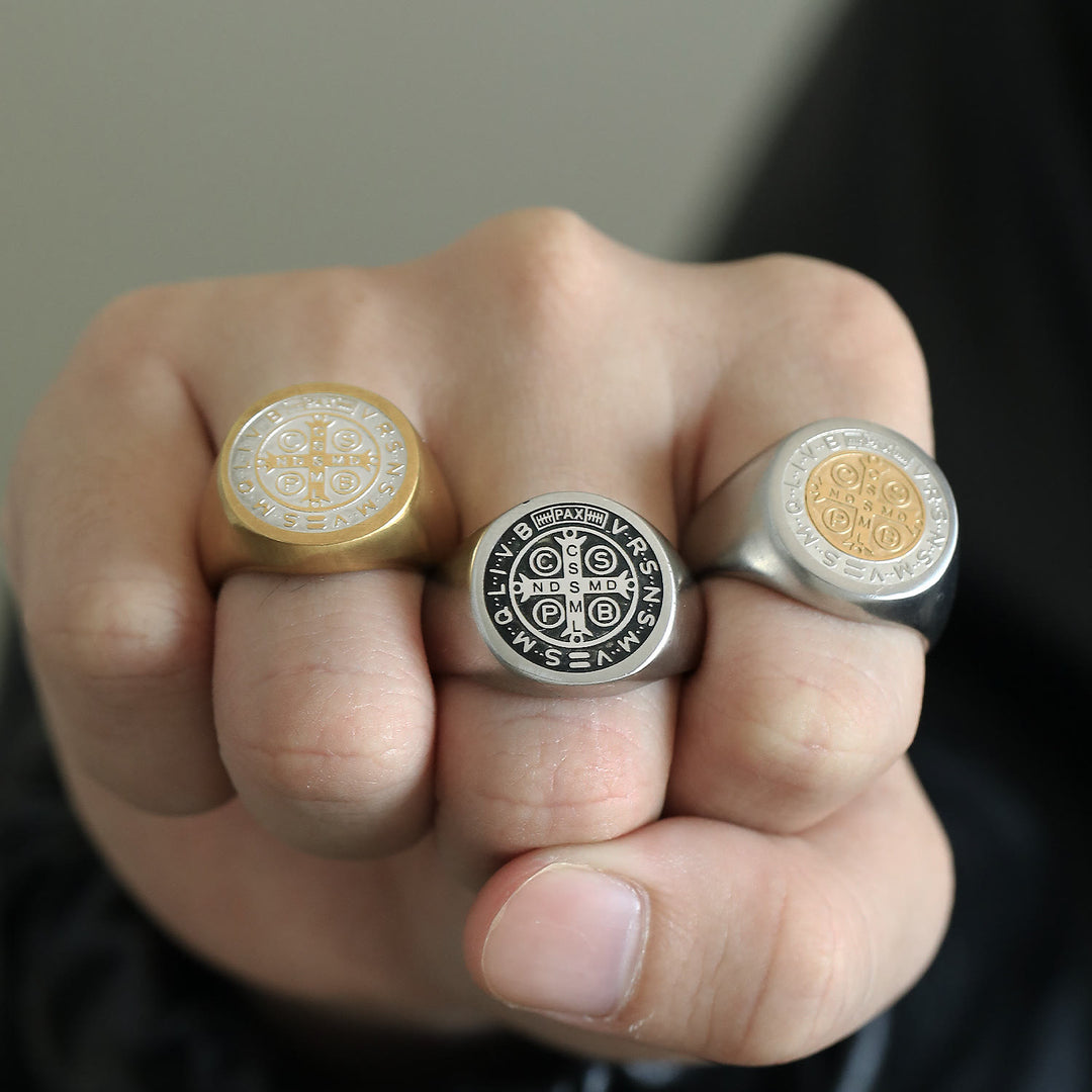 Christianartworkshop 8 Styles Retro Classic St. Benedict Symbol Engraved Protection Ring - image 14