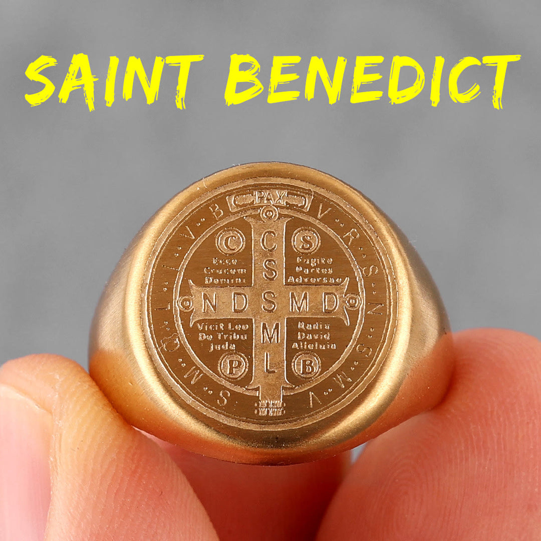 Christianartworkshop 8 Styles Retro Classic St. Benedict Symbol Engraved Protection Ring - Golden - US14 - image 4