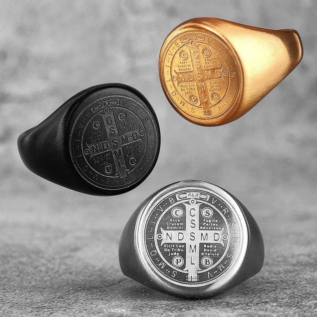 Christianartworkshop 8 Styles Retro Classic St. Benedict Symbol Engraved Protection Ring - Silver - US6 - image 1