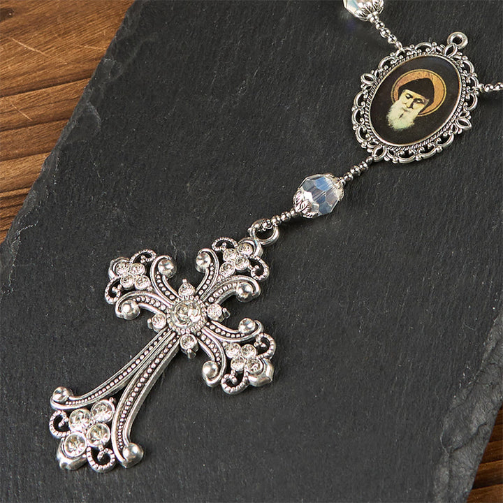 Christianartworkshop St. Charbel Medal & Cross of 10mm Clear Crystal One Decade Pocket Rosary - image 6