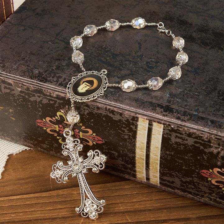 Christianartworkshop St. Charbel Medal & Cross of 10mm Clear Crystal One Decade Pocket Rosary - St. Charbel Medal & Cross - image 1
