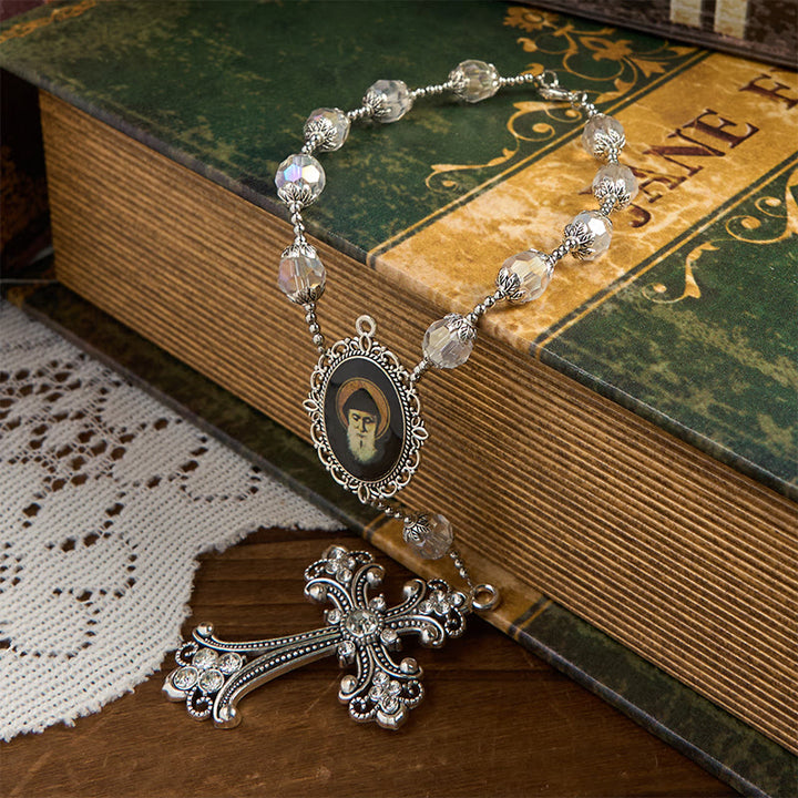 Christianartworkshop St. Charbel Medal & Cross of 10mm Clear Crystal One Decade Pocket Rosary - image 7
