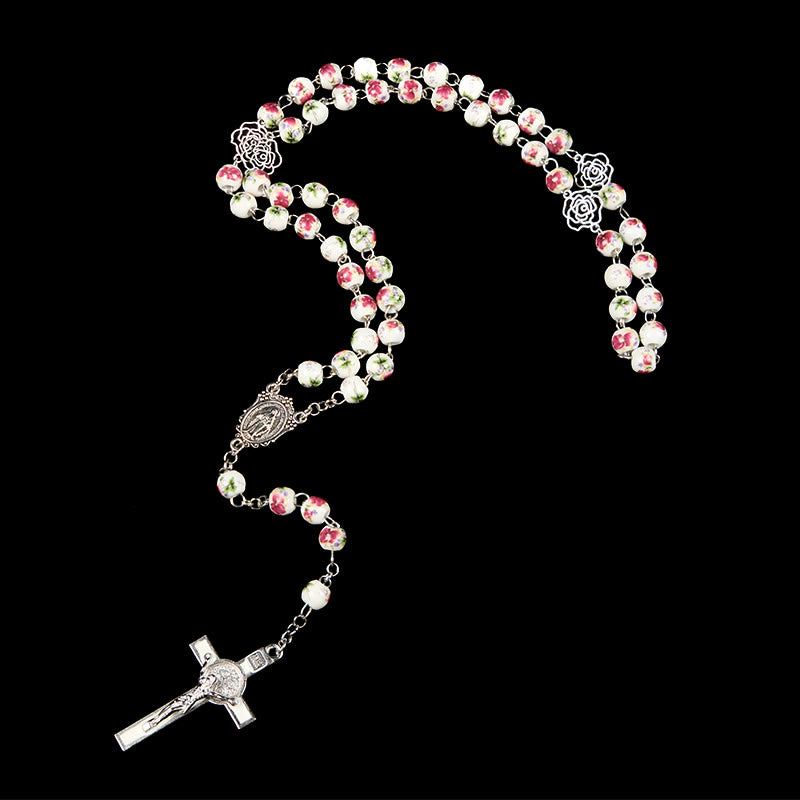Christianartworkshop Miraculous Medal & Crucifix of 8mm Pink Floral Ceramics Beads Prayer Rosary - image 6