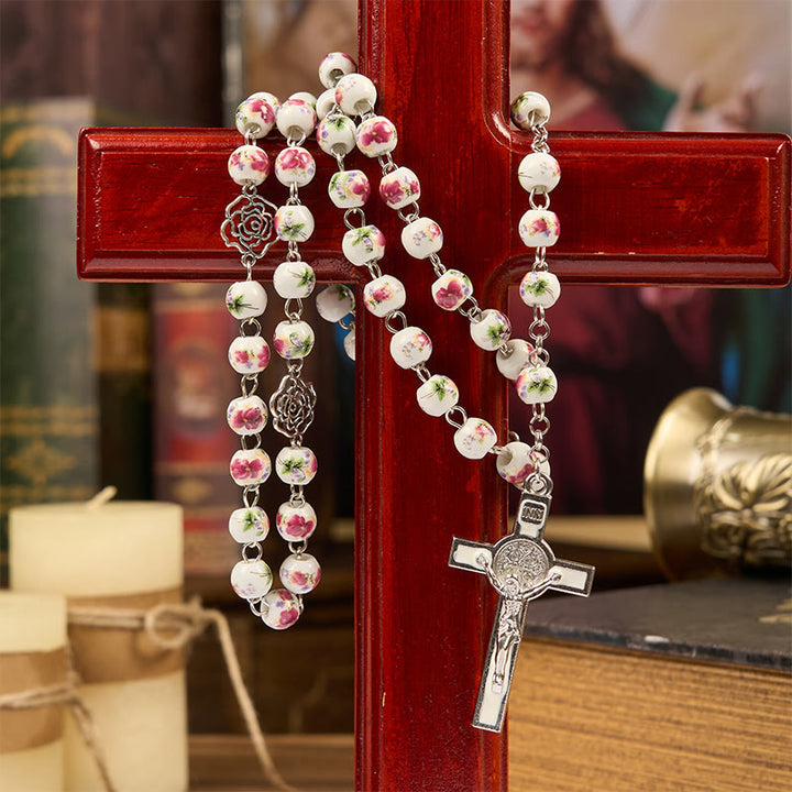 Christianartworkshop Miraculous Medal & Crucifix of 8mm Pink Floral Ceramics Beads Prayer Rosary - image 4