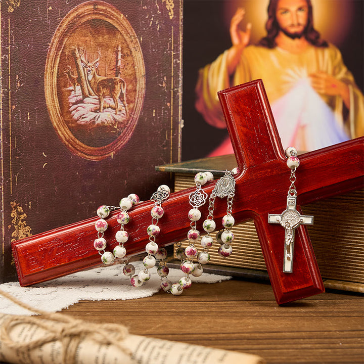 Christianartworkshop Miraculous Medal & Crucifix of 8mm Pink Floral Ceramics Beads Prayer Rosary - image 5