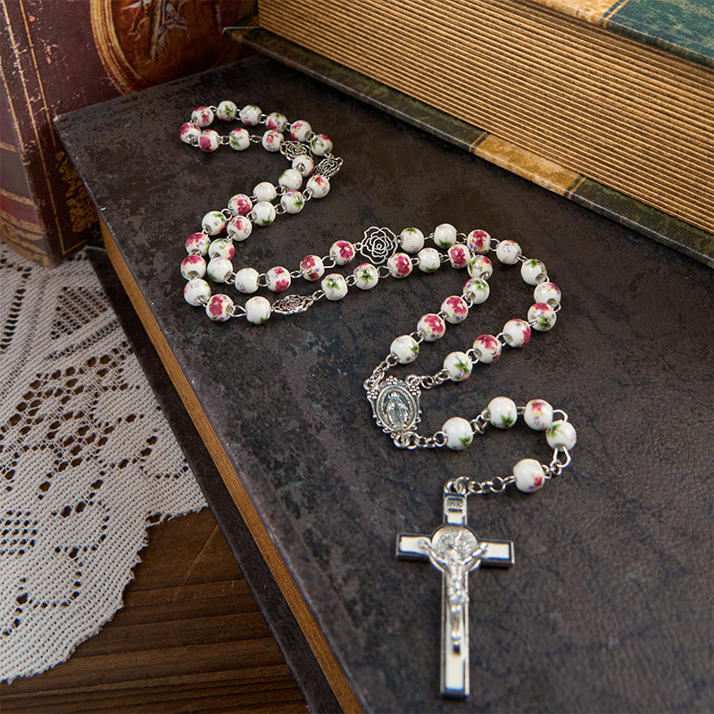 Christianartworkshop Miraculous Medal & Crucifix of 8mm Pink Floral Ceramics Beads Prayer Rosary - Miraculous Medal & Crucifix - image 1