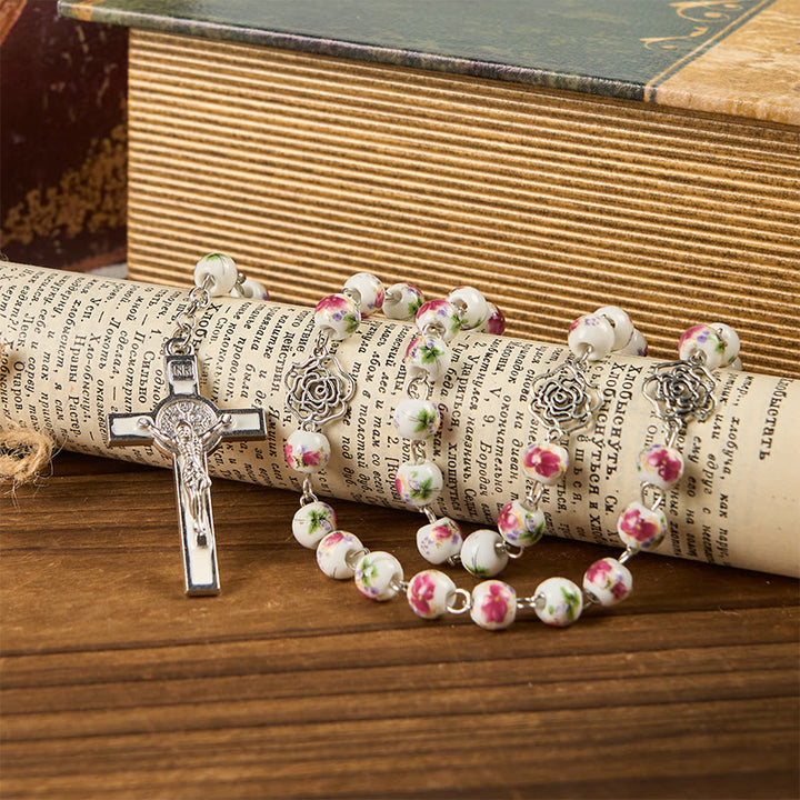 Christianartworkshop Miraculous Medal & Crucifix of 8mm Pink Floral Ceramics Beads Prayer Rosary - image 3