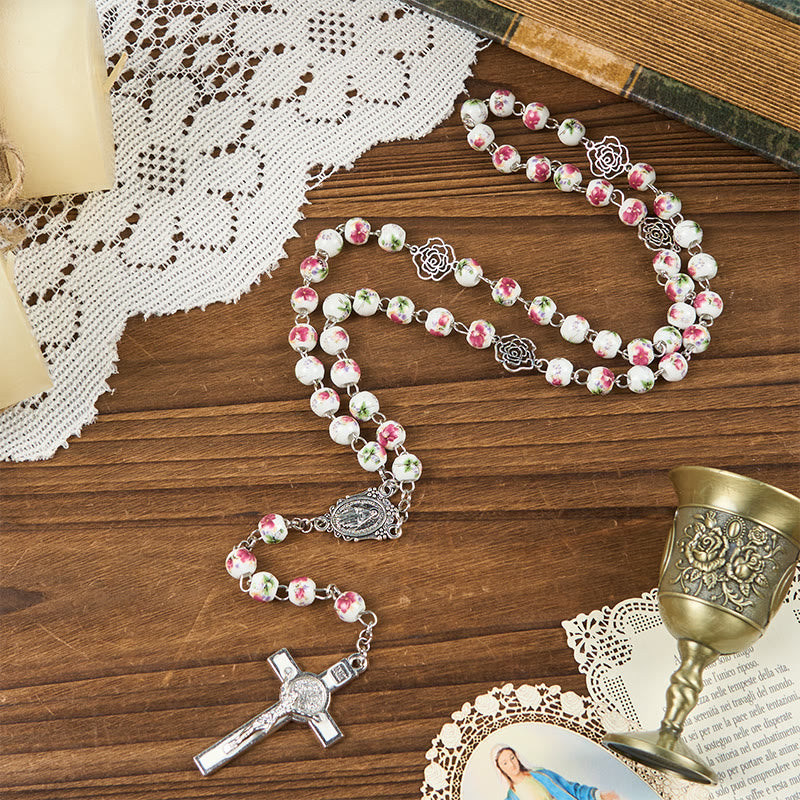 Christianartworkshop Miraculous Medal & Crucifix of 8mm Pink Floral Ceramics Beads Prayer Rosary - image 2