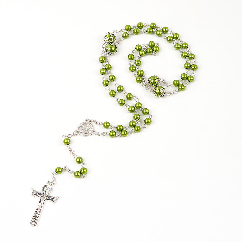 Christianartworkshop St. Benedict Medal & Trinity Cross of 6mm Green Floral Ball Prayer Beads Rosary - image 6