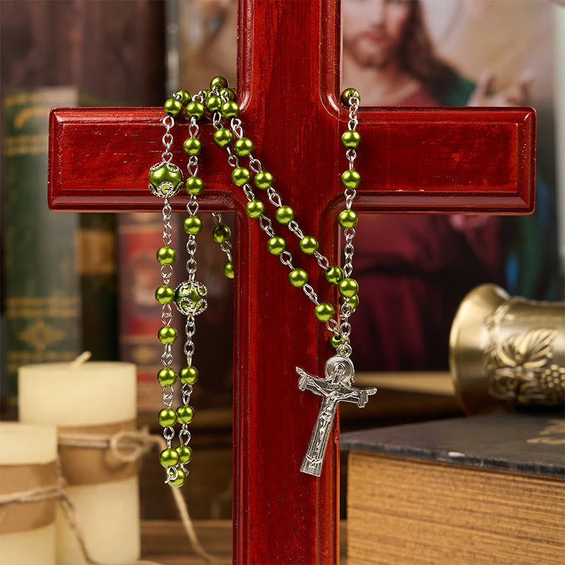 Christianartworkshop St. Benedict Medal & Trinity Cross of 6mm Green Floral Ball Prayer Beads Rosary - image 3