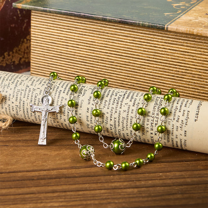 Christianartworkshop St. Benedict Medal & Trinity Cross of 6mm Green Floral Ball Prayer Beads Rosary - image 4