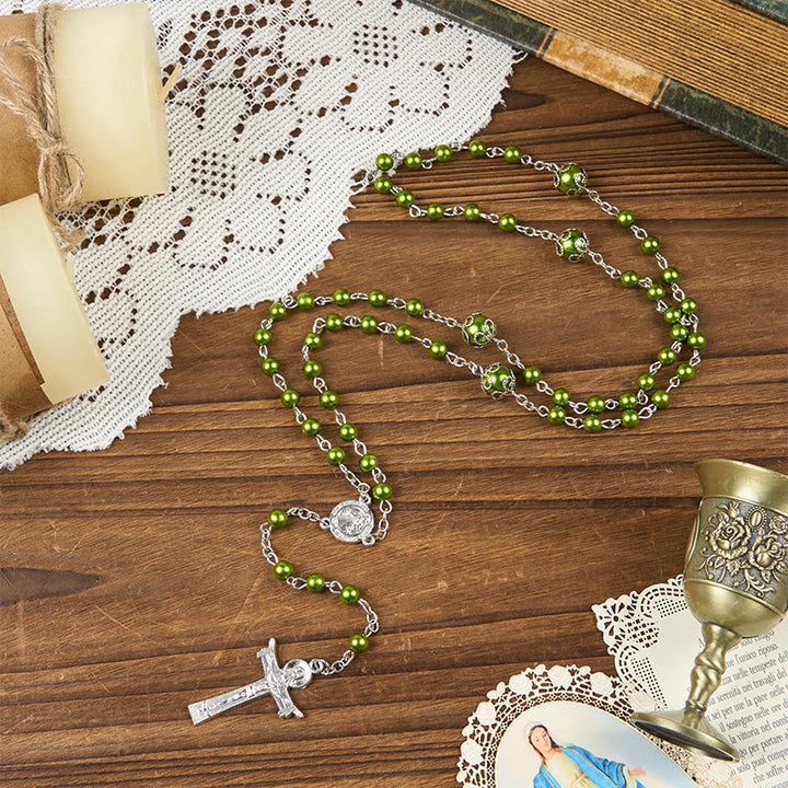 Christianartworkshop St. Benedict Medal & Trinity Cross of 6mm Green Floral Ball Prayer Beads Rosary - image 5