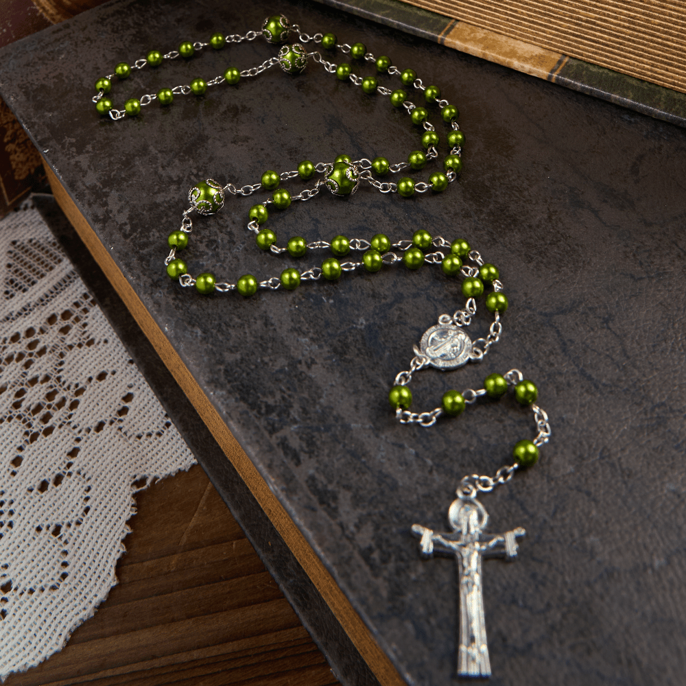 Christianartworkshop St. Benedict Medal & Trinity Cross of 6mm Green Floral Ball Prayer Beads Rosary - image 2