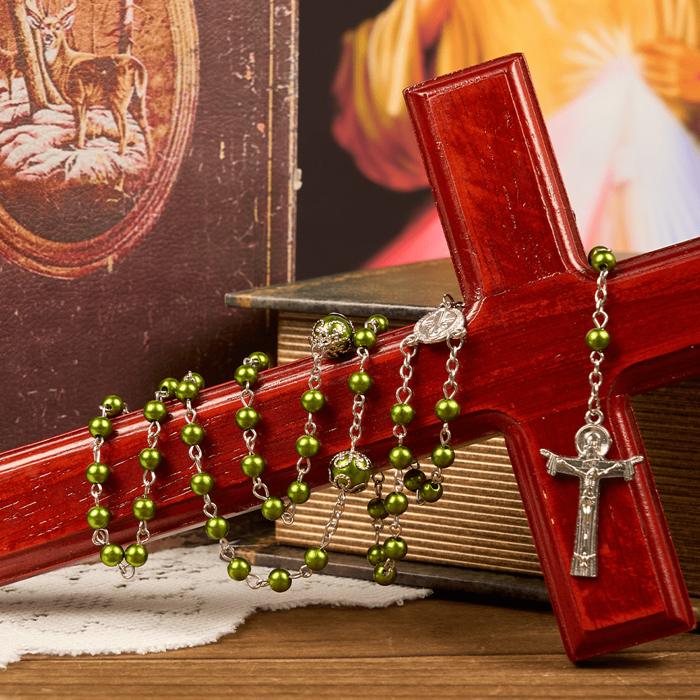 Christianartworkshop St. Benedict Medal & Trinity Cross of 6mm Green Floral Ball Prayer Beads Rosary - St. Benedict Medal & Trinity Cross - image 1