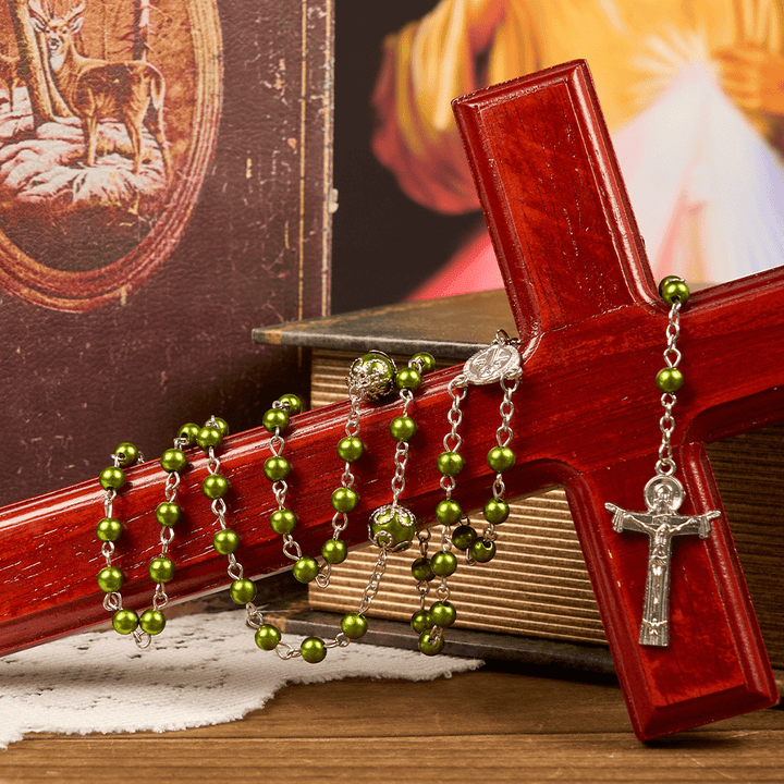 Christianartworkshop St. Benedict Medal & Trinity Cross of 6mm Green Floral Ball Prayer Beads Rosary - St. Benedict Medal & Trinity Cross - image 1