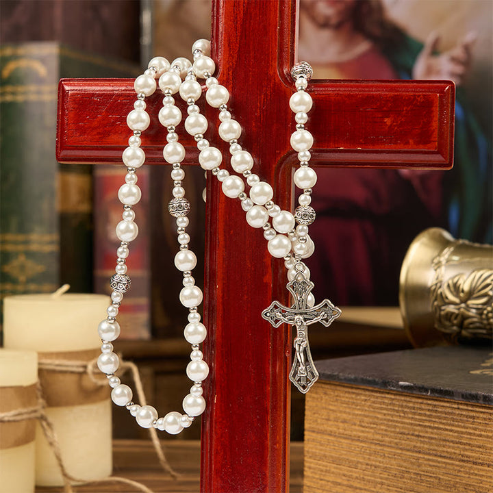 Christianartworkshop Miraculous Medal & Crucifix of 4mm White  Pearl Ball Prayer Beads Rosary - image 4