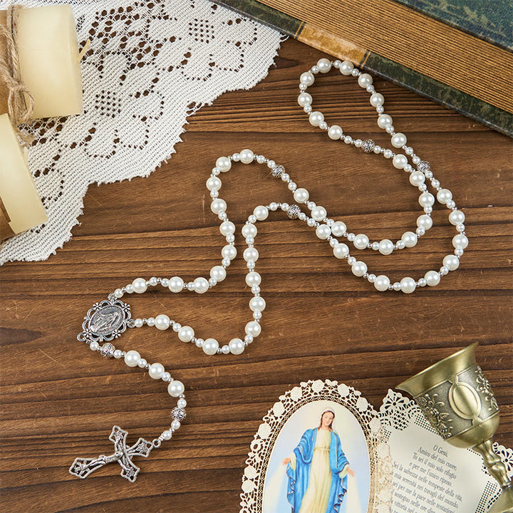 Christianartworkshop Miraculous Medal & Crucifix of 4mm White  Pearl Ball Prayer Beads Rosary - image 3