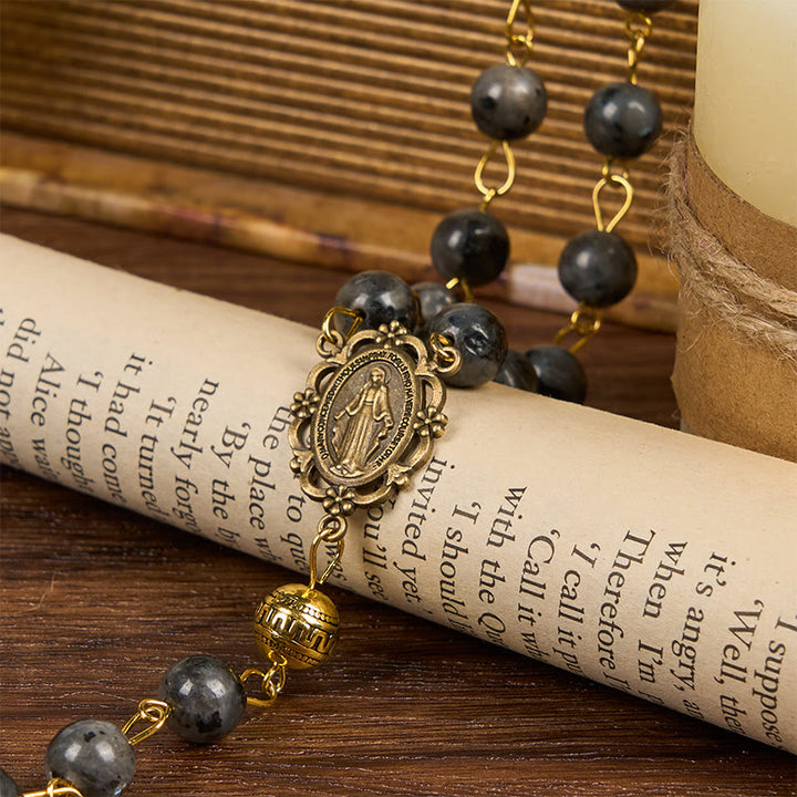 Christianartworkshop Miraculous Medal & Saint Benedict Key of 8 mm Round Black Stone Alloy Chain Rosary - image 3