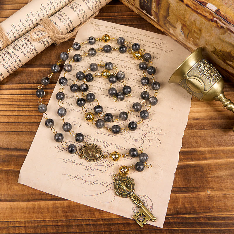 Christianartworkshop Miraculous Medal & Saint Benedict Key of 8 mm Round Black Stone Alloy Chain Rosary - image 6