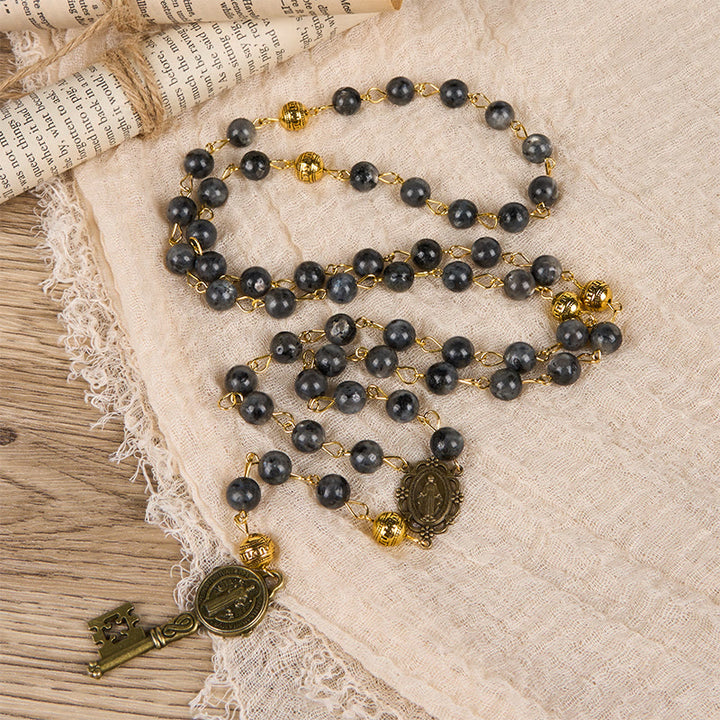 Christianartworkshop Miraculous Medal & Saint Benedict Key of 8 mm Round Black Stone Alloy Chain Rosary - image 5