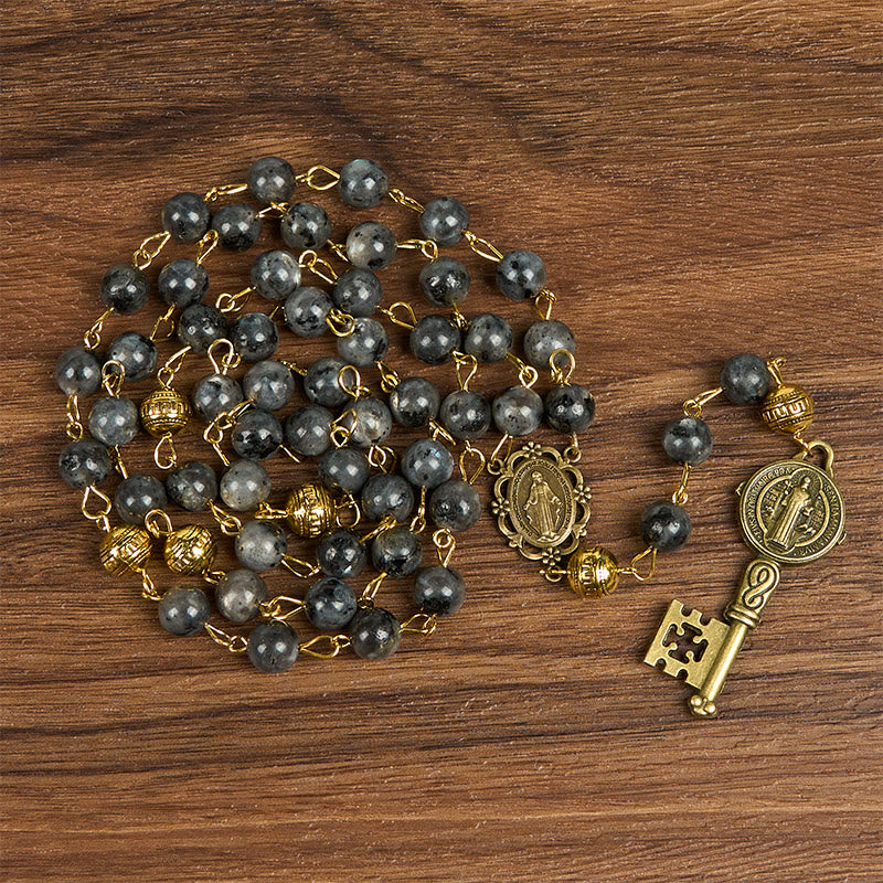 Christianartworkshop Miraculous Medal & Saint Benedict Key of 8 mm Round Black Stone Alloy Chain Rosary - Miraculous Medal & Saint Benedict Key - image 1