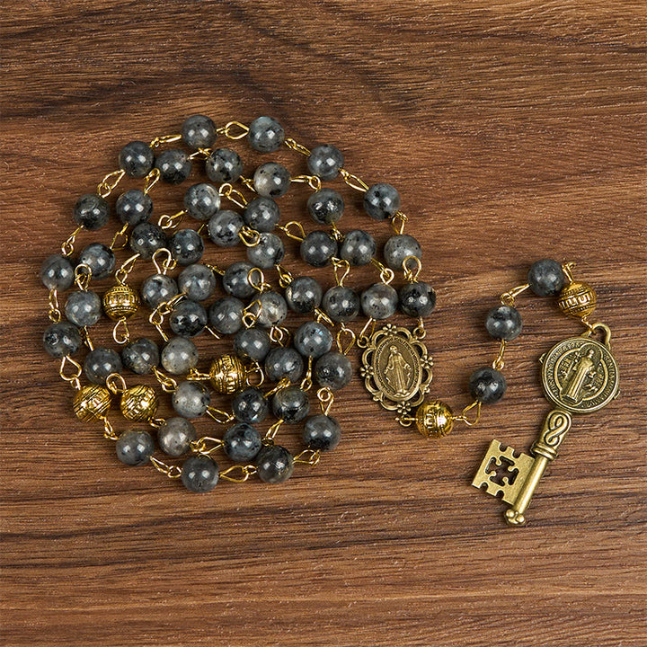 Christianartworkshop Miraculous Medal & Saint Benedict Key of 8 mm Round Black Stone Alloy Chain Rosary - Miraculous Medal & Saint Benedict Key - image 1