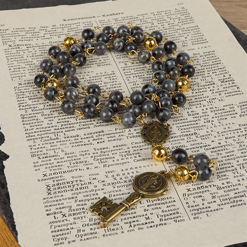 Christianartworkshop Miraculous Medal & Saint Benedict Key of 8 mm Round Black Stone Alloy Chain Rosary - image 7