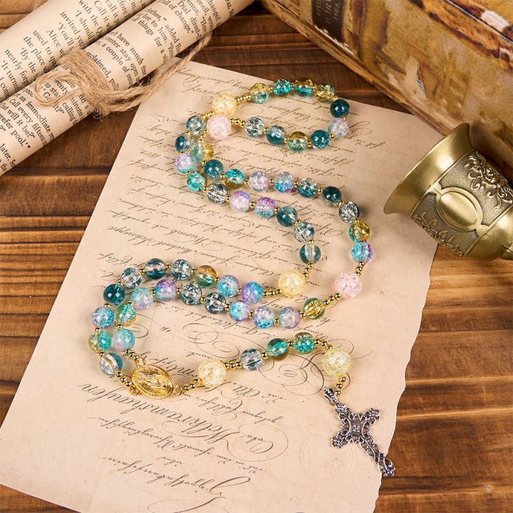 Christianartworkshop Miraculous Medal & Celtic Cross of 8 mm Round Multicolor Glass Alloy Chain Rosary - Miraculous Medal & Celtic Cross - image 1