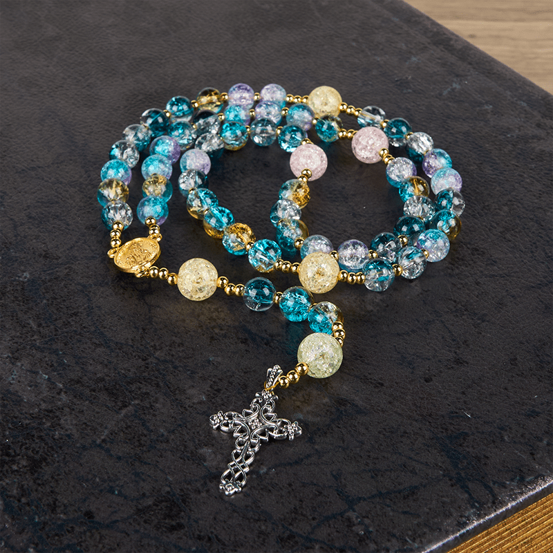 Christianartworkshop Miraculous Medal & Celtic Cross of 8 mm Round Multicolor Glass Alloy Chain Rosary - image 7