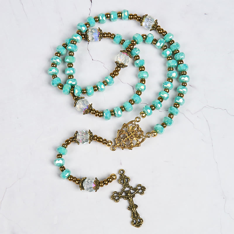 Christianartworkshop Lorraine Cross & Crucifix of 8 mm Rondelle Aquamarine Stone Nylon Cord Rosary - image 9