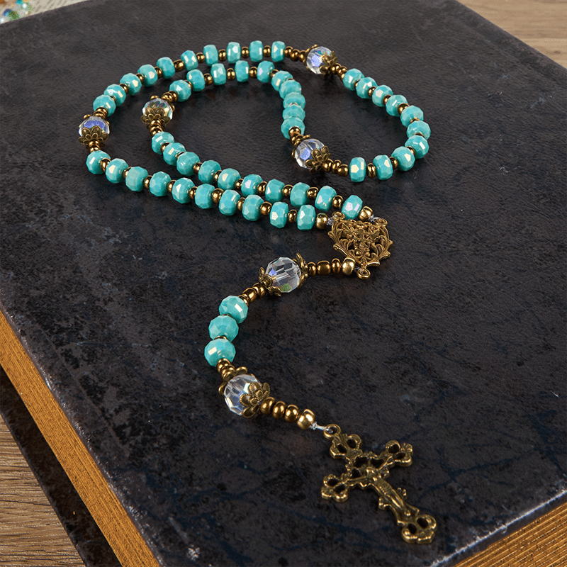 Christianartworkshop Lorraine Cross & Crucifix of 8 mm Rondelle Aquamarine Stone Nylon Cord Rosary - image 8