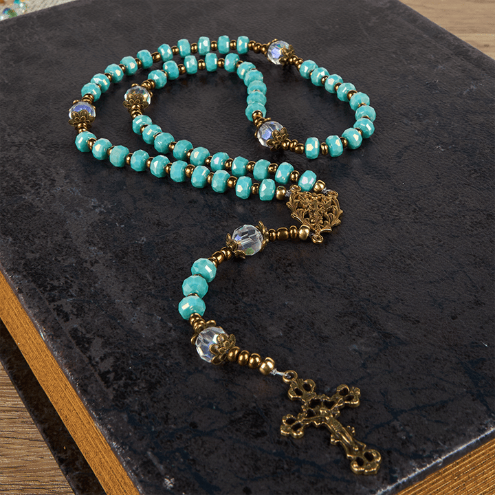 Christianartworkshop Lorraine Cross & Crucifix of 8 mm Rondelle Aquamarine Stone Nylon Cord Rosary - image 8