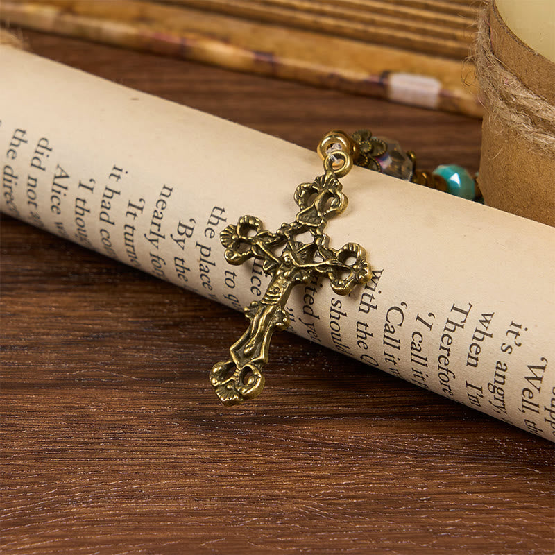 Christianartworkshop Lorraine Cross & Crucifix of 8 mm Rondelle Aquamarine Stone Nylon Cord Rosary - image 3