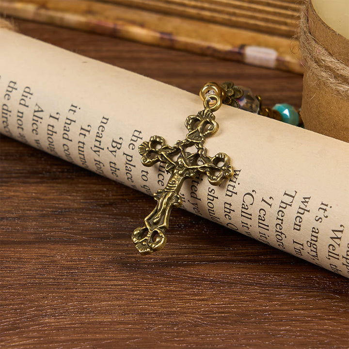 Christianartworkshop Lorraine Cross & Crucifix of 8 mm Rondelle Aquamarine Stone Nylon Cord Rosary - image 3