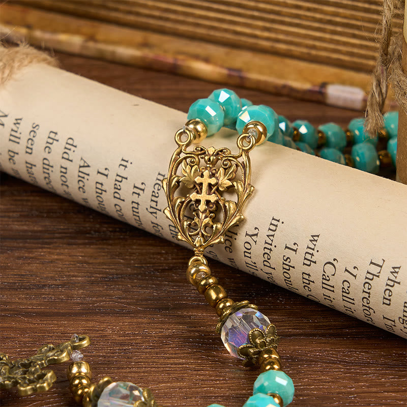 Christianartworkshop Lorraine Cross & Crucifix of 8 mm Rondelle Aquamarine Stone Nylon Cord Rosary - image 2