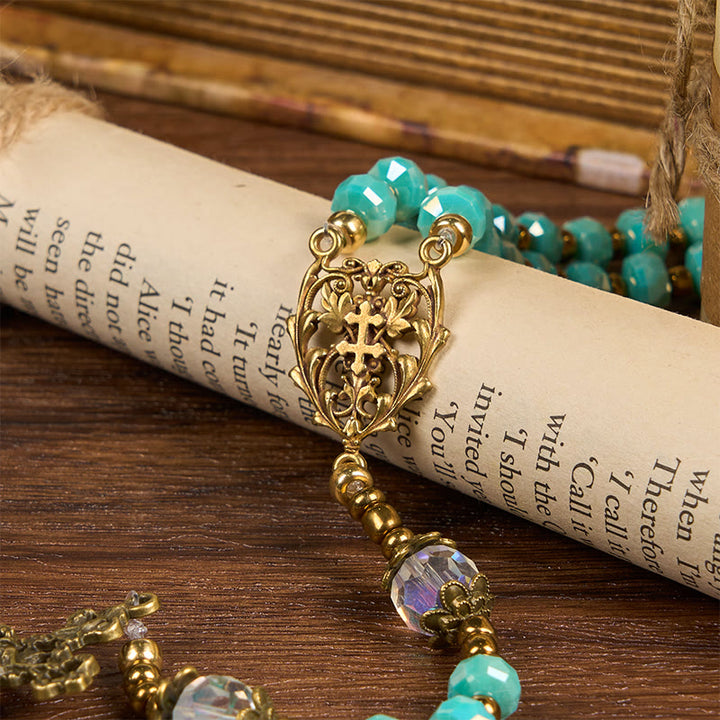 Christianartworkshop Lorraine Cross & Crucifix of 8 mm Rondelle Aquamarine Stone Nylon Cord Rosary - image 2