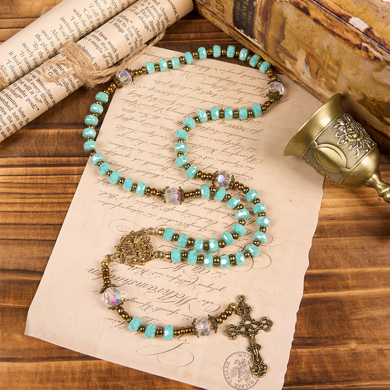Christianartworkshop Lorraine Cross & Crucifix of 8 mm Rondelle Aquamarine Stone Nylon Cord Rosary - image 6