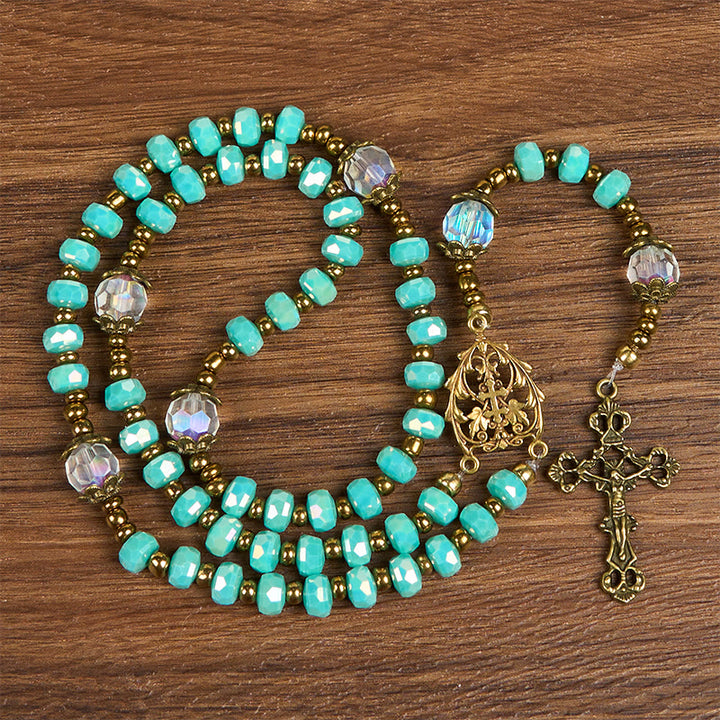 Christianartworkshop Lorraine Cross & Crucifix of 8 mm Rondelle Aquamarine Stone Nylon Cord Rosary - Lorraine Cross & Crucifix - image 1