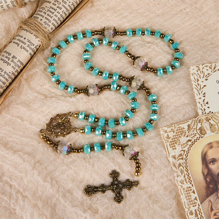 Christianartworkshop Lorraine Cross & Crucifix of 8 mm Rondelle Aquamarine Stone Nylon Cord Rosary - image 5