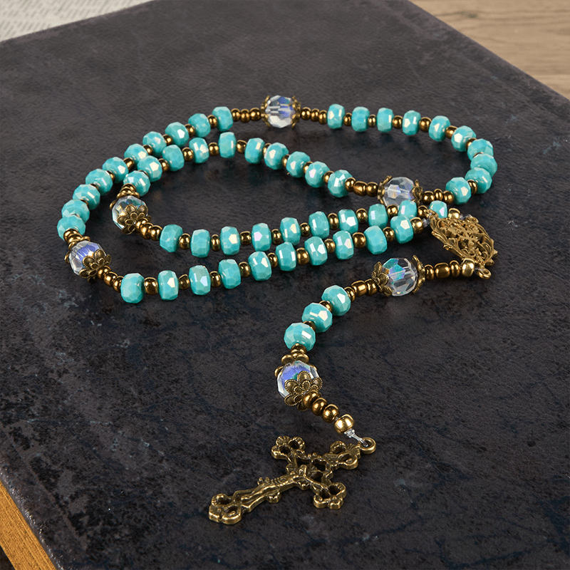 Christianartworkshop Lorraine Cross & Crucifix of 8 mm Rondelle Aquamarine Stone Nylon Cord Rosary - image 7