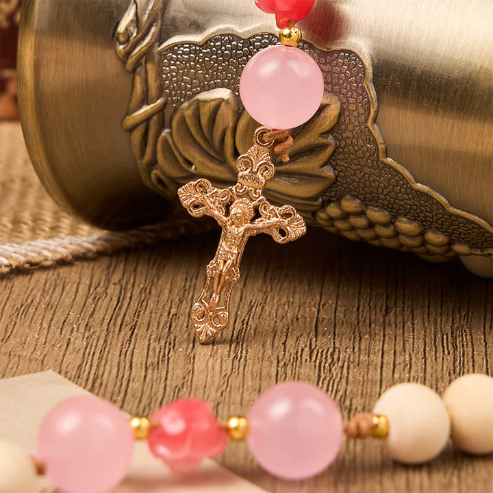 Christianartworkshop Miraculous Medal & Crucifix of 10mm Natural Wood Prayer Beads Handmade Rosary - image 3