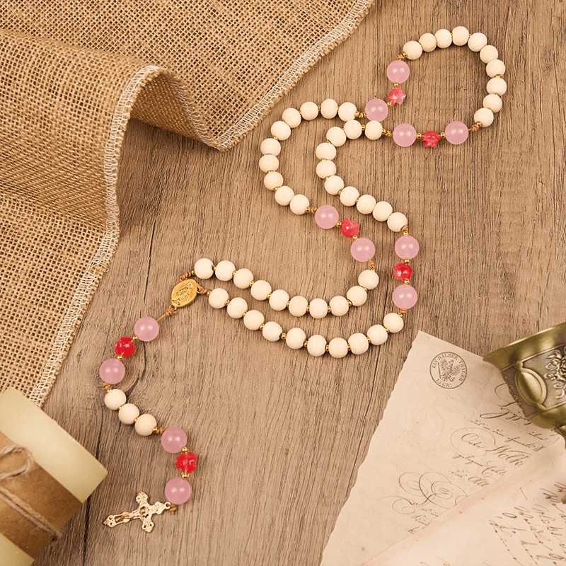 Christianartworkshop Miraculous Medal & Crucifix of 10mm Natural Wood Prayer Beads Handmade Rosary - image 1