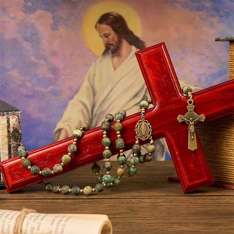 Christianartworkshop Retro Style Miraculous Medal & Crucifix of 8mm Matte African Turquoise Handmade Rosary - image 6
